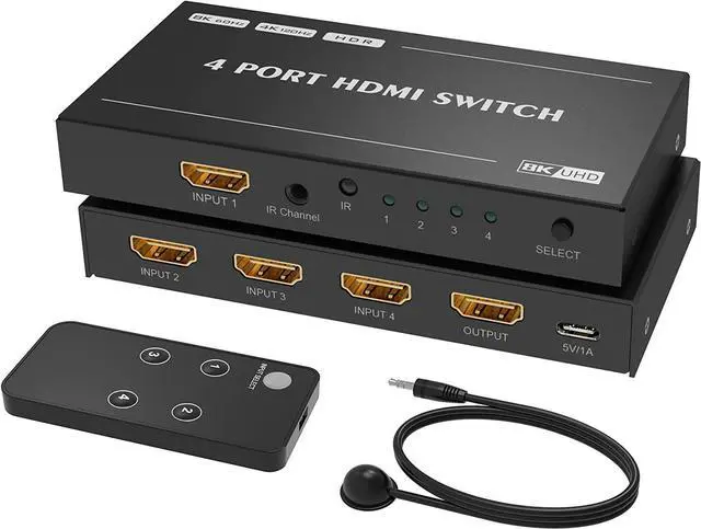 Main image of 4 Port HDMI 2.1 4 in 1out 8K HDMI Switch with IR Remote Ultra HD 8K 8K @60Hz 4K @120Hz High Speed 48Gbps HDR10 3D Directional Converter HDCP2.3 Compatible with Xbox PS-5