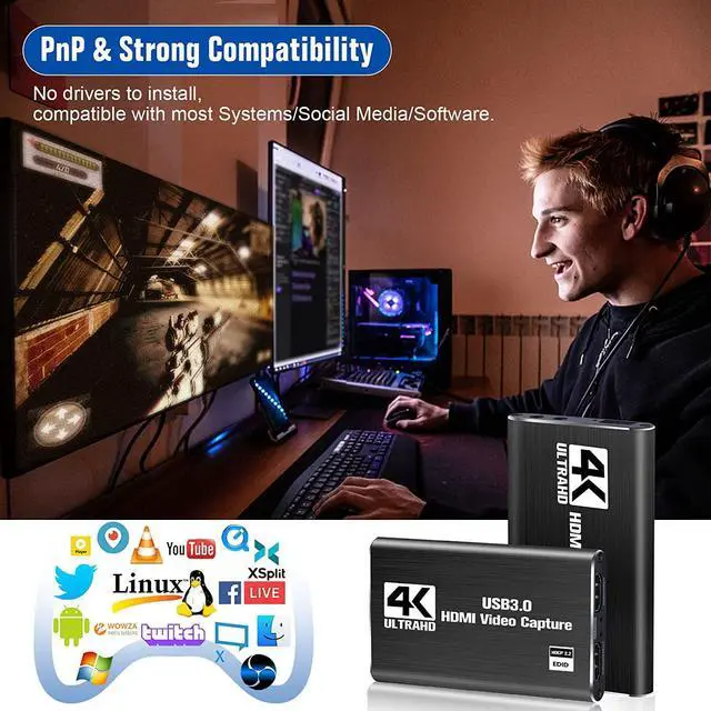 Alt view image 2 of 7 - Capture Card, Video Capture Card 4K 1080P 60FPS, HDMI Capture Card Switch, Game Capture Card USB 3.0 for Live Streaming Video Recording, Screen Capture Device Work with PS4/PC/OBS/DSLR/Camera
