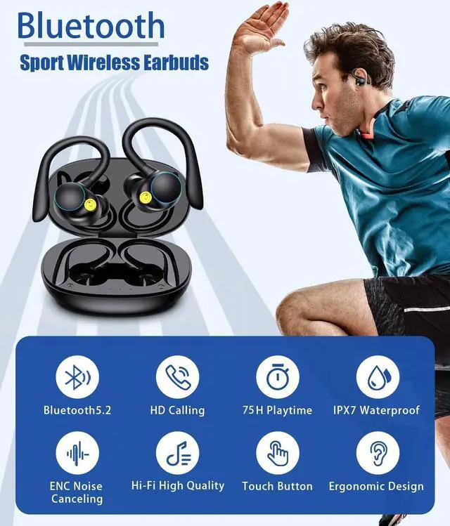 Alt view image 2 of 7 - Bluetooth 5.2 Headphones HD Calls 70Hrs Playtime Ture Wireless Earbuds with Charging Case IPX7 Waterproof Ear Buds Touch Control Over-Ear Earphones with Earhooks for Sports/Running/Work/Gaming