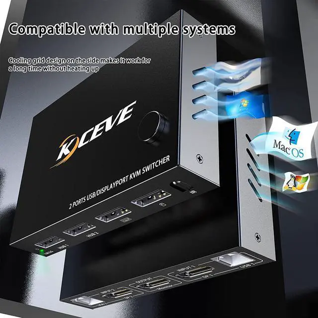 Alt view image 6 of 7 - 2 in 1 Out Dispplayport KVM Switch, 2 Port DP KVM Switcher with 2.0 USB Hub Support 4K @60Hz Control Up to 2 Computers for Share Keyboard, Mouse, Monitor