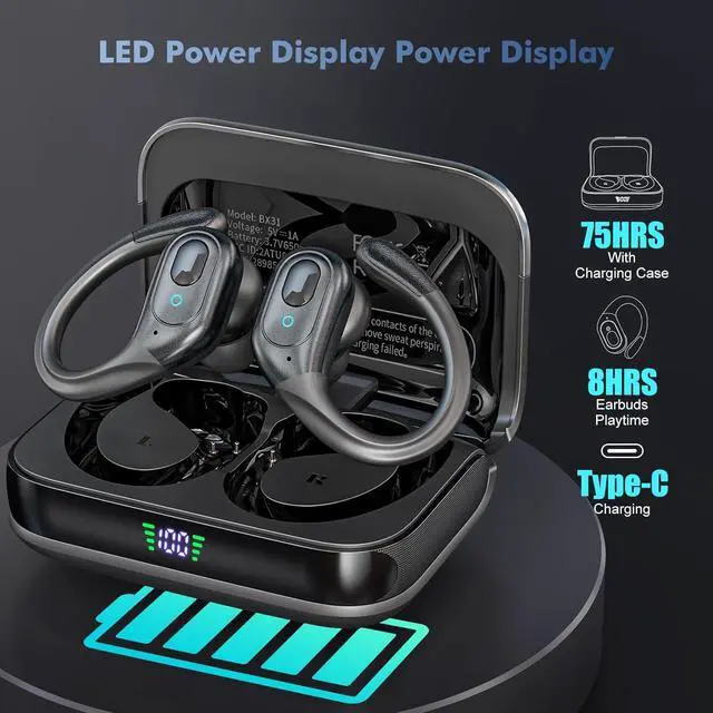 Alt view image 2 of 7 - True Wireless Earbuds, Bluetooth Headphones 75Hrs Playback with LED Diaplay Charging Case Noise Cancelling TWS Ear buds with Earhooks, IPX7 Waterproof Over Ear Earphones for Sports Running Workout