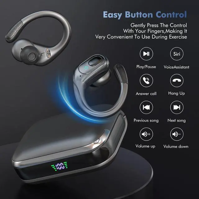Alt view image 3 of 7 - True Wireless Earbuds, Bluetooth Headphones 75Hrs Playback with LED Diaplay Charging Case Noise Cancelling TWS Ear buds with Earhooks, IPX7 Waterproof Over Ear Earphones for Sports Running Workout