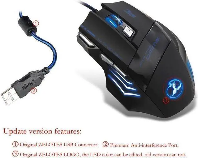 Alt view image 6 of 7 - Zelotes T80 Professional LED Optical 5500 DPI 7 Button USB Wired Gaming Mouse Mice for Pro Gamer (Black)
