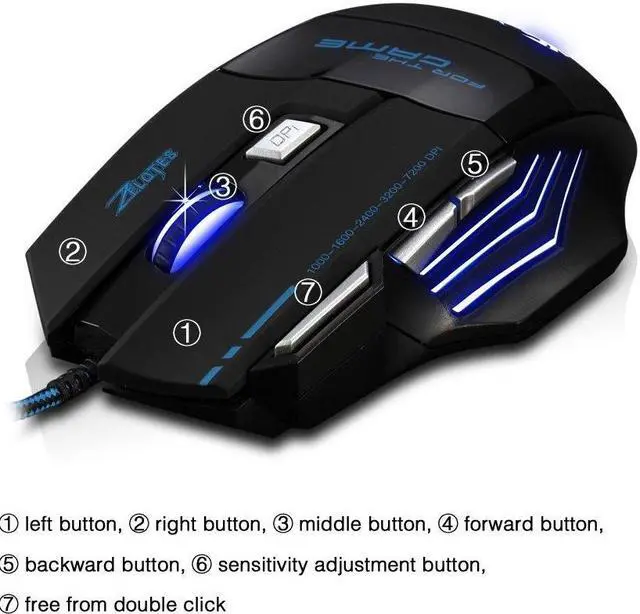 Alt view image 6 of 7 - Zelotes T80 Professional LED Optical 7200 DPI 7 Button USB Wired Gaming Mouse Mice for Pro Gamer (Black)