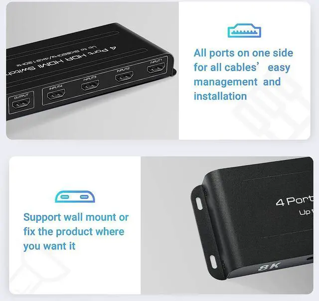 Alt view image 6 of 7 - 8K@60Hz HDMI 2.1 Switch 4x1, 4 Ports HDMI Switch Splitter 4K@120Hz, HDMI Switcher 4 In 1 Out HDMI Selector support 48Gbps VRR HDCP2.3 HDR10 D-olby Vision for QLED TV,PS5,Xbox,SkY Q,Roku,Fire Stick