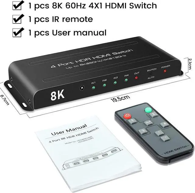 Alt view image 7 of 7 - 8K@60Hz HDMI 2.1 Switch 4x1, 4 Ports HDMI Switch Splitter 4K@120Hz, HDMI Switcher 4 In 1 Out HDMI Selector support 48Gbps VRR HDCP2.3 HDR10 D-olby Vision for QLED TV,PS5,Xbox,SkY Q,Roku,Fire Stick