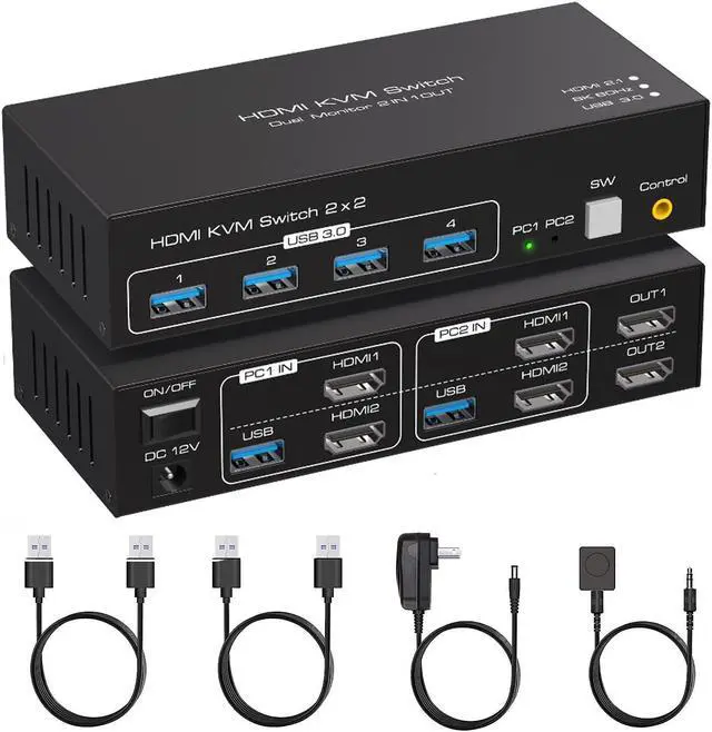 Main image of HDMI KVM Switch Monitors 2 Computers, 8K60HZ/4K120Hz KVM Switch Dual Monitors 2 Computers with 4 USB 3.0 Port, HDMI KVM Switch 2 Port Support Button and Remote Switch, 2 PC Sharing 4 USB Devices