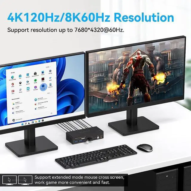 Alt view image 4 of 7 - HDMI KVM Switch Monitors 2 Computers, 8K60HZ/4K120Hz KVM Switch Dual Monitors 2 Computers with 4 USB 3.0 Port, HDMI KVM Switch 2 Port Support Button and Remote Switch, 2 PC Sharing 4 USB Devices