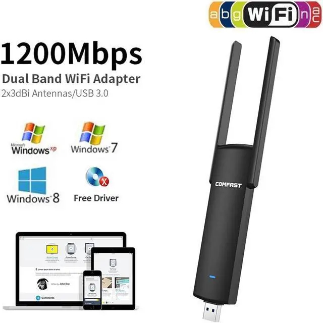 Main image of 1200Mbps Wireless Adapter Dual Band 2.4G & 5G AC Router Wireless Signal USB3.0 WiFi Speed Adapter Extender WiFi External Network Cards for Laptop Computer PC Windows xp,Win7 Win8 /8.1 (32 bit. 64 bit