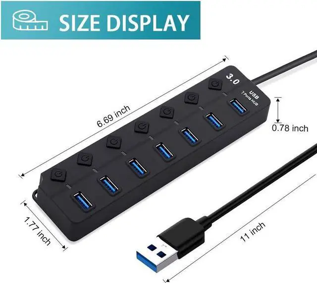 Alt view image 7 of 7 - 7-Port USB 3.0 Hub with Individual Power Switches and Lights, High-Speed Data Hub Splitter Portable USB Extension Hub for PC Laptop and More (No Power Adapter)
