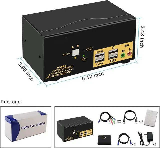 Alt view image 7 of 7 - 2 Port KVM Switch Triple Monitor DisplayPort 4K @60Hz, 2 Computers x 3 Monitors KVM Switch with Audio and USB 2.0 HUBS DP 1.2 KVM Switch