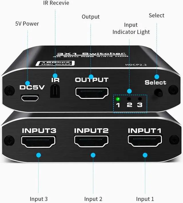 Alt view image 5 of 7 - 3x1 HDMI Splitter Aluminum HDMI Switch 3 in 1 Out with IR Remote Control, Supports 4k@60HZ 3D HD1080P, HDMI Switcher for PS3 PS4 Pro TV eokCXOY