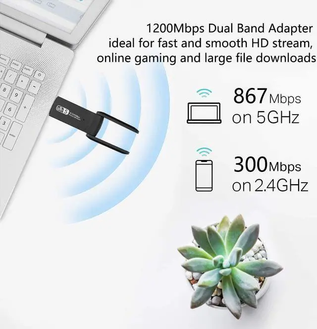 Alt view image 5 of 7 - WiFi Adapter 1200Mbps, USB Wireless Network Adapter Dual Band 5GHz & 2.4GHz with High Gain Antennas WiFi Dongle for PC/Desktop, Compatible with Windows XP,10,8.1,7,Vista and Mac OS 10.9~10.15