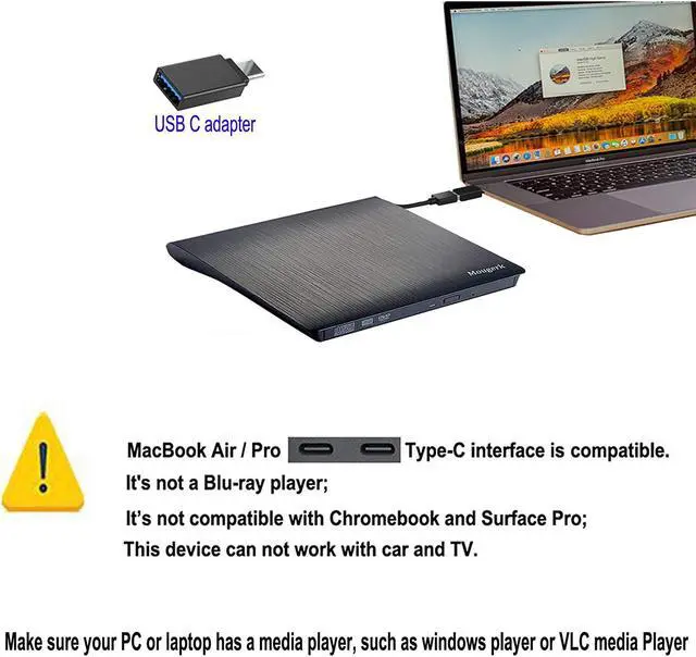 Alt view image 6 of 7 - USB C External DVD CD Drive, Type C USB 3.0 Ultra Slim Drives CD DVD RW Player/DVD CD ROM Drive/Writer/Rewriter/USB CD Burner Compatible with Mac MacBook Pro, Laptops Desktops