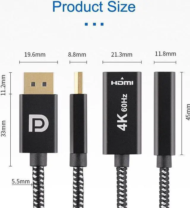 Alt view image 7 of 7 - Displayport to HDMI Adapter 4K@60Hz Gold Plated DP to HDMI 2.0 Video Display Converter for Desktop PC HDMI Connector Adapter 7.87 Male to Female Cable