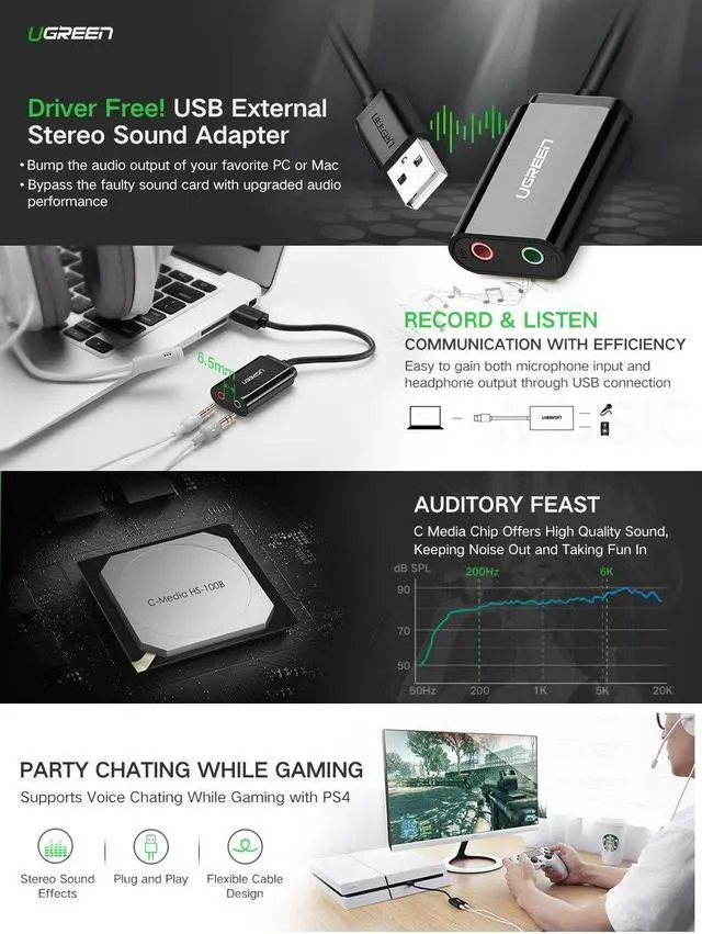 Alt view image 2 of 7 - USB-A 3.5mm TRS Microphone to USB 2.0 Stereo Audio External Sound Card Adapter for PC and Mac. USB Sound Card Adapter for Computer or Laptop Convert USB Input to 3.5mm TRS Headphone or Mic Jack, Black