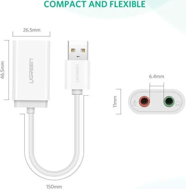 Alt view image 4 of 7 - USB External sound card USB To 3.5mm Jack Femal Earphone Mic headset Adapter 2 Hole Audio Card For Speaker Laptop PS4 PC, White