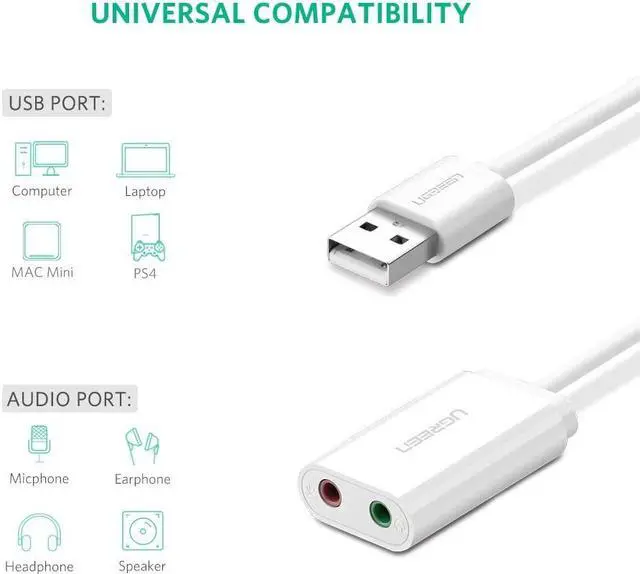 Alt view image 3 of 7 - USB Sound Card Audio Adapter, [24-Bit 96KHz Chip ] USB Headset Headphone Microphone Adapter, External USB to 3.5mm TRS 3-Pin Mic/Audio Splitter Jack, Stereo Sound (White)