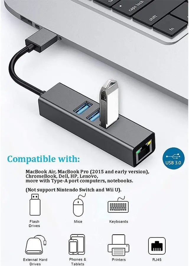 Alt view image 6 of 7 - USB 3.0 Hub to Ethernet Adapter, with RJ45 10/100/1000 Gigabit Ethernet LAN Network Adapter for Windows, Linux, MacBook, Ultrabook, Aluminum Black