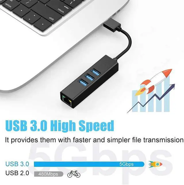 Alt view image 3 of 7 - USB to Ethernet Adapter, 3-Port USB 3.0 Hub with RJ45 10/100/1000 Gigabit Ethernet Adapter Converter LAN Wired USB Network Adapter for Ultrabooks, Notebooks, Tablets and More