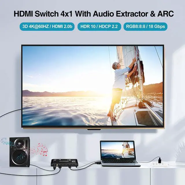Alt view image 5 of 6 - 4K@60Hz HDMI Switch 4x1 with Audio Extractor, 4 Port HDMI Switcher with Optical SPDIF + 3.5mm Audio + Coaxial, 4 in 1 Out HDMI Audio Selector Switch Box with Remote Support HDR10 ARC 18Gbps HDCP2.2