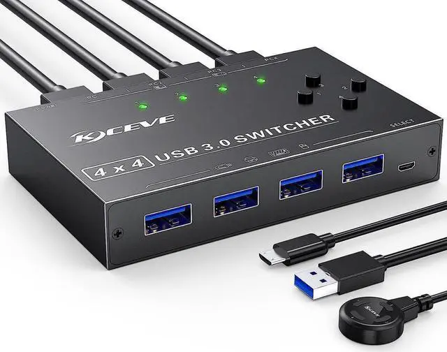 Main image of USB 3.0 Switch Selector 4 Computers Share 4 USB 3.0 Ports, 4 in 4 Out USB 3.0 Switch for Keyboard Mouse Switch,USB Switcher Compatible with Mac/Windows/Linux,Wired Remote and 4 USB 3.0 Cable Included