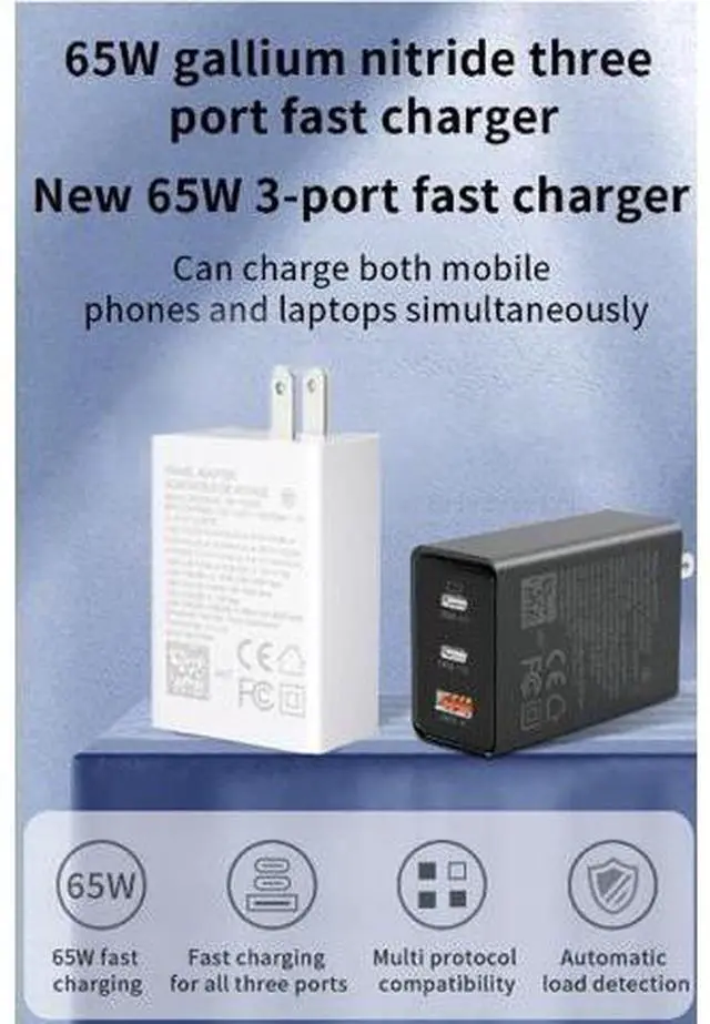 Alt view image 4 of 7 - USB C Charger, 65W 3 Port Foldable USB C Wall Charger, PD 3.0 Fast GaN Charger Block Compatible for Mac-Book,i-Pad,i-Phone 14 13 12 Pro Max, Galaxy S23 S22 S21 S20 Note 20, Steam Deck,Switch (White)