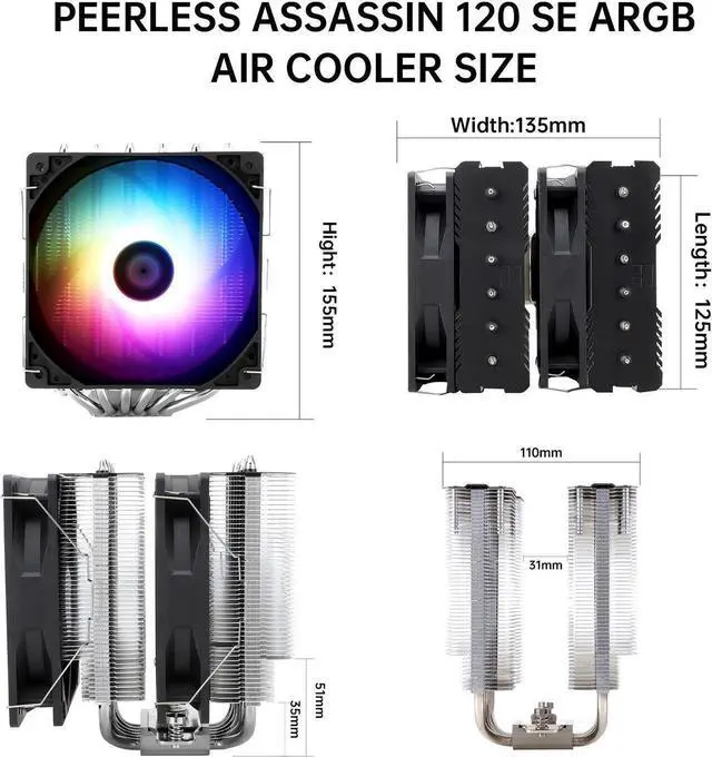 Alt view image 4 of 6 - Peerless Assassin 120 SE ARGB CPU Air Cooler,6 Heat Pipes Aluminium Heatsink Cover, for Intel 1700/115X/1200, AMD AM4/AM5
