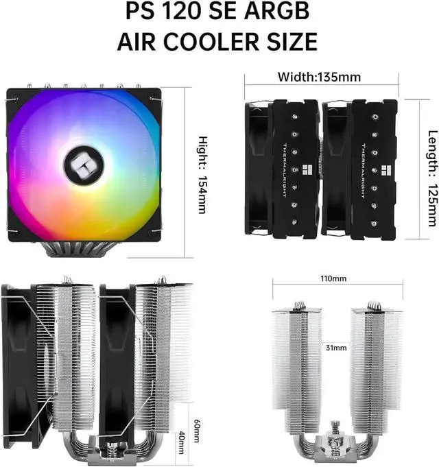 Alt view image 5 of 6 - Phantom Spirit 120 SE ARGB CPU Air Cooler, 7 Heat Pipes Aluminium Heatsink Cover, for Intel 1700/115X/1200, AMD AM4/AM5 Addressable RGB