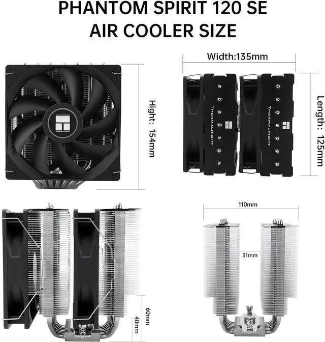 Alt view image 5 of 6 - Thermalright Phantom Spirit 120 SE CPU Air Cooler, 7 Heat Pipes Aluminium Heatsink Cover, for Intel 1700/115X/1200, AMD AM4/AM5