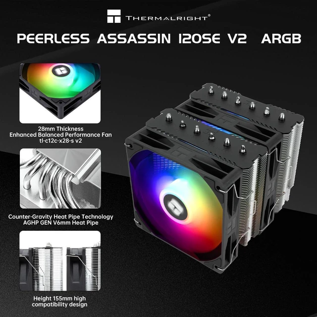 Alt view image 5 of 7 - Peerless Assassin 120 SE ARGB V2 CPU Air Cooler - 6 Heat Pipes AGHP GEN 5.0 Technology | 1850RPM PWM 120mm Fans, for Intel 1851/1700/115X/1200, AMD AM4/AM5 Black