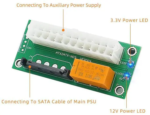 Alt view image 3 of 6 - Newest ATX 24Pin to SATA 15Pin Dual PSU Adapter Power Supply Sync Starter Extender Cable Card For Graphics Card