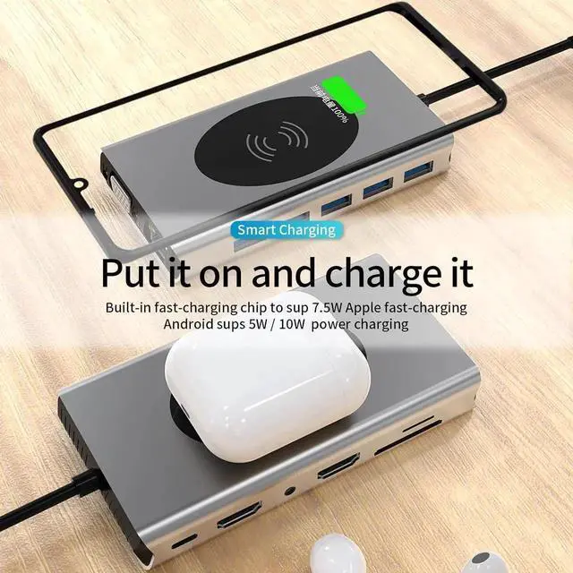 Alt view image 5 of 7 - USB C Docking Station Dual Monitor, 14-in-1 Triple Display Laptop Docking Station with Wireless Charging+2 HDMI 4K+VGA+Ethernet+100W PD+SD/TF+Audio+5 USB Work for D-e-l-l/H-P/L-e-n-o-v-o Computer