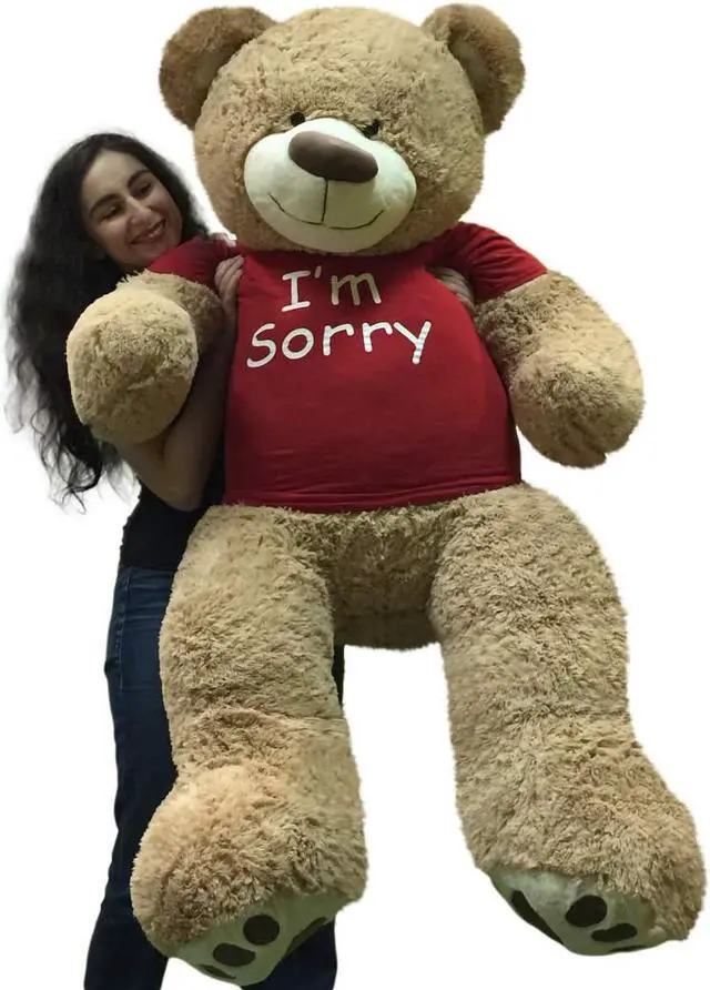 Alt view image 2 of 7 - I'm Sorry Giant Teddy Bear 5 Feet Tall Tan Color Soft Wears T shirt that says I'M SORRY