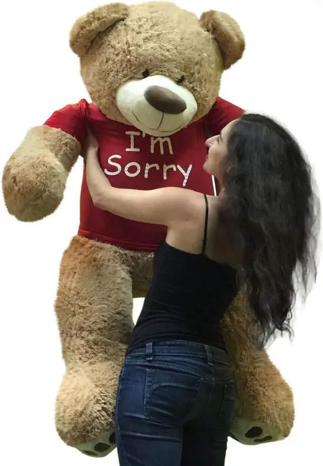 Alt view image 6 of 7 - I'm Sorry Giant Teddy Bear 5 Feet Tall Tan Color Soft Wears T shirt that says I'M SORRY