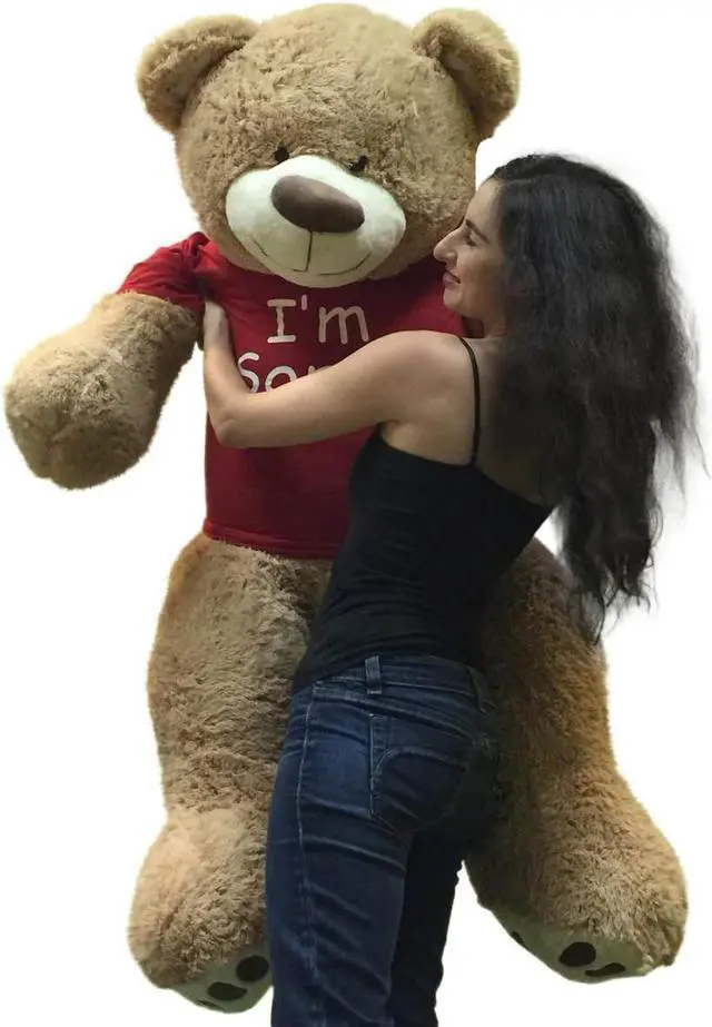 Alt view image 7 of 7 - I'm Sorry Giant Teddy Bear 5 Feet Tall Tan Color Soft Wears T shirt that says I'M SORRY