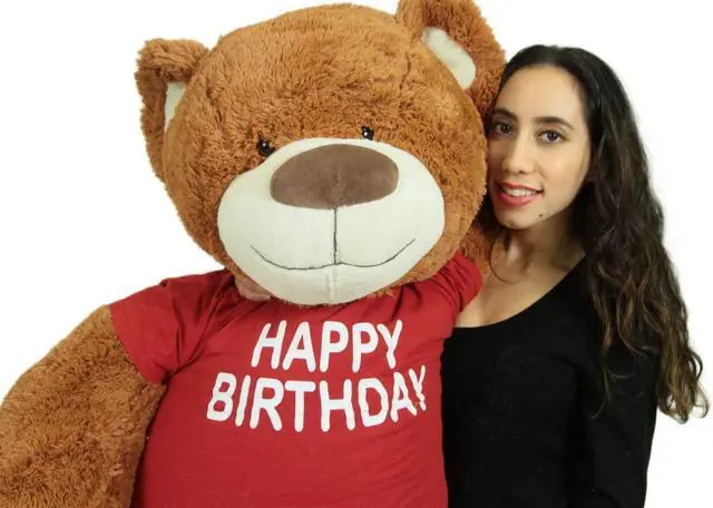 Main image of 5 Foot Teddy Bear Wears Removable Happy Birthday Tshirt, Soft Cookie Dough Brown Color