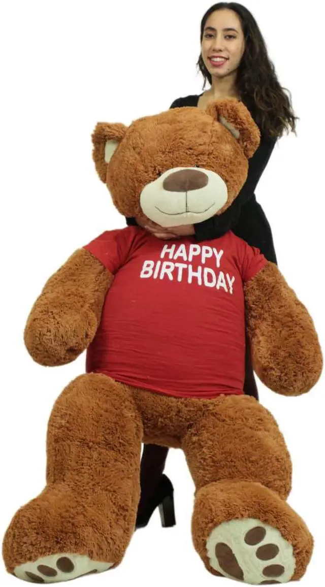 Alt view image 3 of 3 - 5 Foot Teddy Bear Wears Removable Happy Birthday Tshirt, Soft Cookie Dough Brown Color