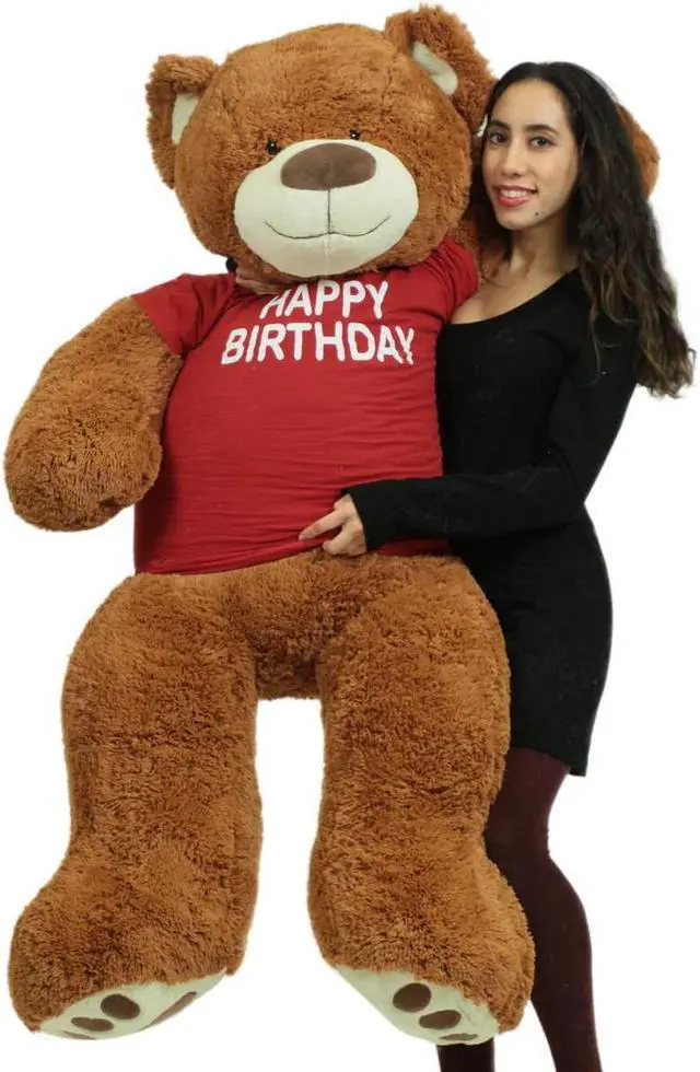 Alt view image 2 of 3 - 5 Foot Teddy Bear Wears Removable Happy Birthday Tshirt, Soft Cookie Dough Brown Color