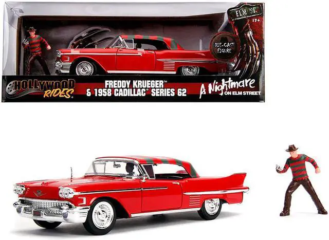 Alt view image 3 of 9 - 1958 Cadillac Series 62 Red with Freddy Krueger Diecast Figure "A Nightmare on Elm Street" Movie 1/24 Diecast Model Car by Jada