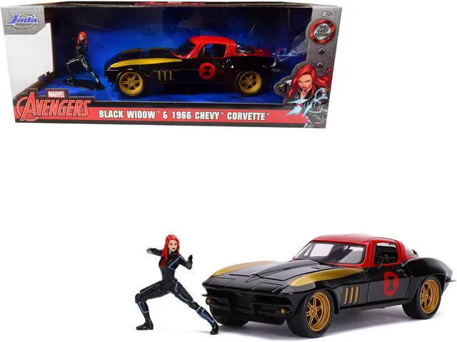 Main image of 1966 Chevrolet Corvette with Black Widow Diecast Figurine "Avengers" "Marvel" Series 1/24 Diecast Model Car by Jada