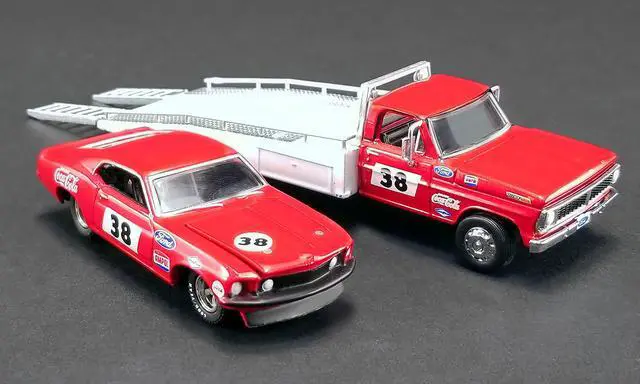 Alt view image 3 of 6 - Ford F-350 Ramp Truck #38 & 1969 Ford Mustang T/A #38 Coca-Cola Allan Moffat 1/64 Diecast Model Cars Greenlight for ACME