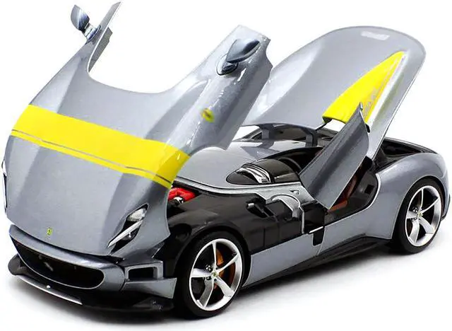 Alt view image 4 of 6 - Ferrari Monza SP1 Silver Metallic with Yellow Stripes 1/18 Diecast Model Car by Bburago