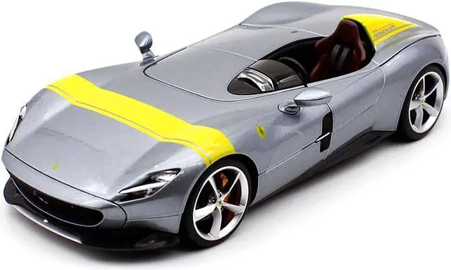 Alt view image 3 of 6 - Ferrari Monza SP1 Silver Metallic with Yellow Stripes 1/18 Diecast Model Car by Bburago