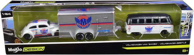 Main image of Volkswagen Samba Bus Dark Gray Met. & White & Volkswagen Beetle White & Enclosed Car Trailer Silver "Toyo Tires" 1/64 Diecast Model Cars by Maisto