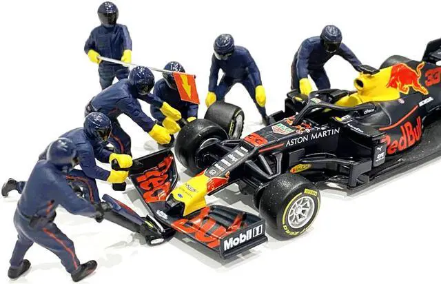 Alt view image 2 of 6 - Formula One F1 Pit Crew 7 Figurine Set Team Blue for 1/18 Scale Models by American Diorama
