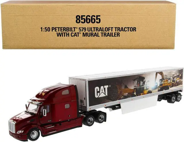 Main image of Peterbilt 579 UltraLoft Truck Tractor Red with "CAT Caterpillar" Mural Dry Van Trailer "Transport Series" 1/50 Diecast Model by Diecast Masters