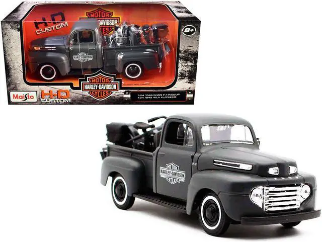 Main image of 1948 Ford F-1 Pickup Truck and 1942 Harley-Davidson WLA Flathead Motorcycle Matt Dark Gray 1/24 Diecast Models by Maisto