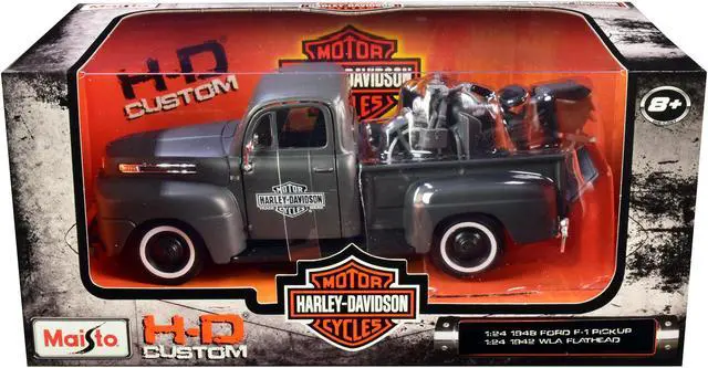 Alt view image 3 of 3 - 1948 Ford F-1 Pickup Truck and 1942 Harley-Davidson WLA Flathead Motorcycle Matt Dark Gray 1/24 Diecast Models by Maisto