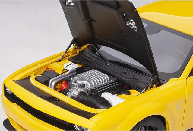 Alt view image 3 of 13 - Dodge Challenger SRT Hellcat Widebody Yellow Jacket with Satin Black Hood 1/18 Model Car by Autoart